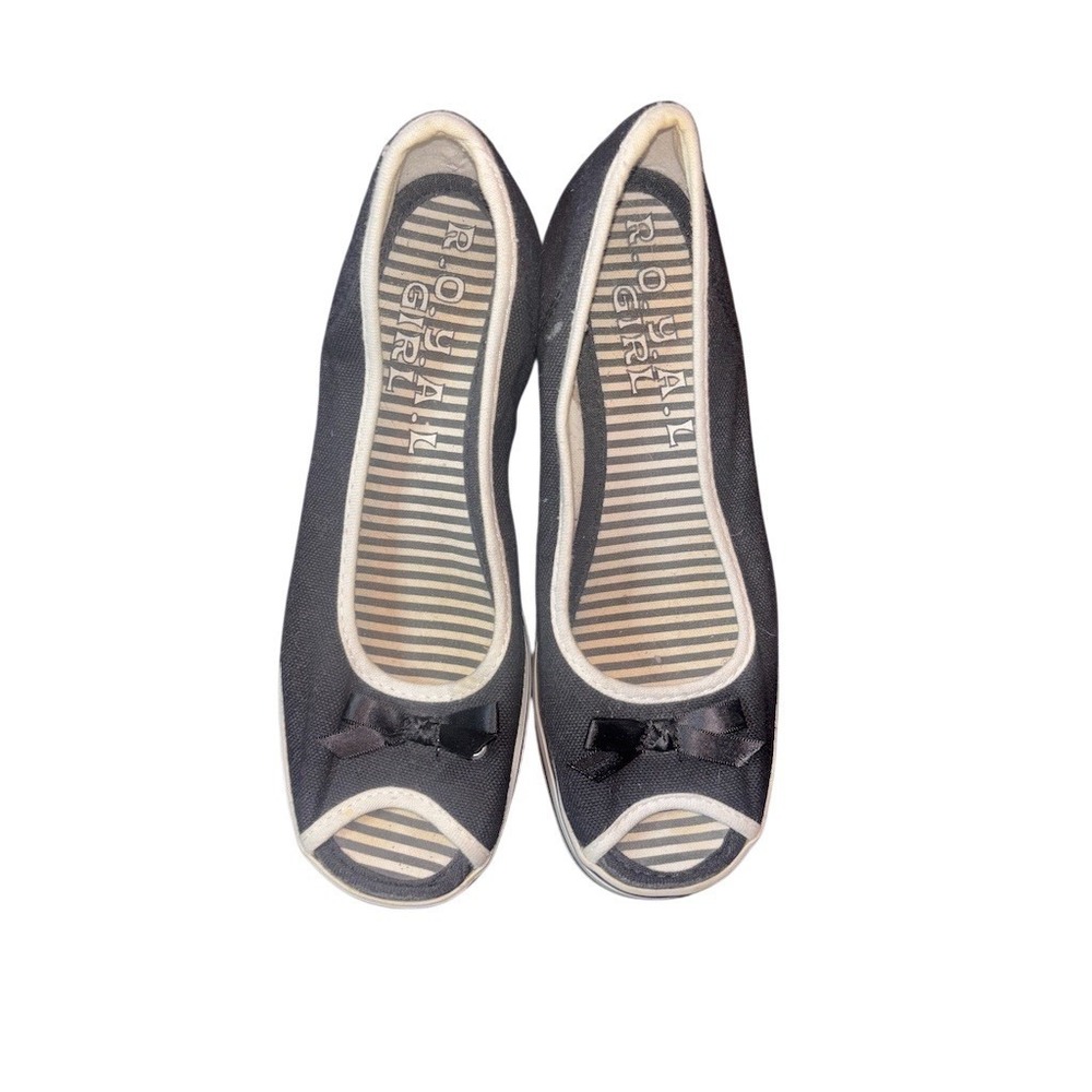 Royal girl Womens Wedge Peep Toe Slip-On Flats Black/White Stripe Bow 5 nautical